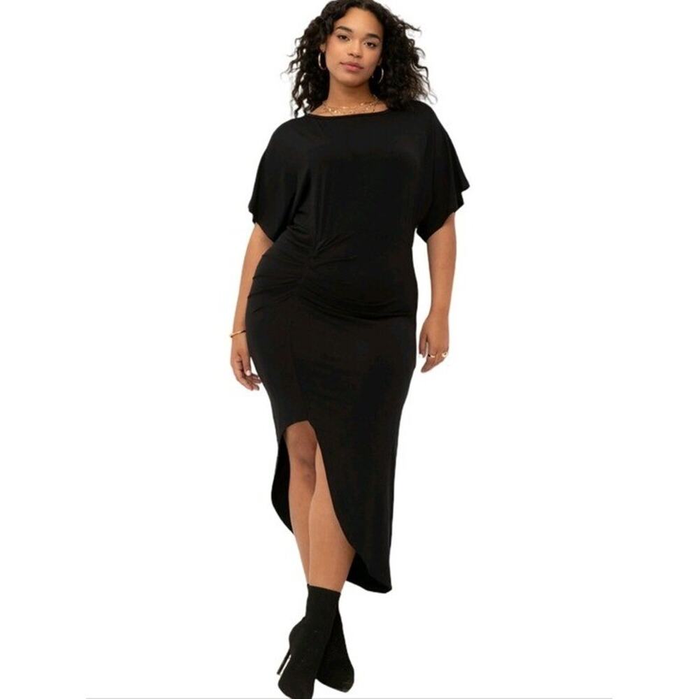 Eloquii Black Stretch Knit Flattering Midi Dress Side Ruched Detail Plus 3X New